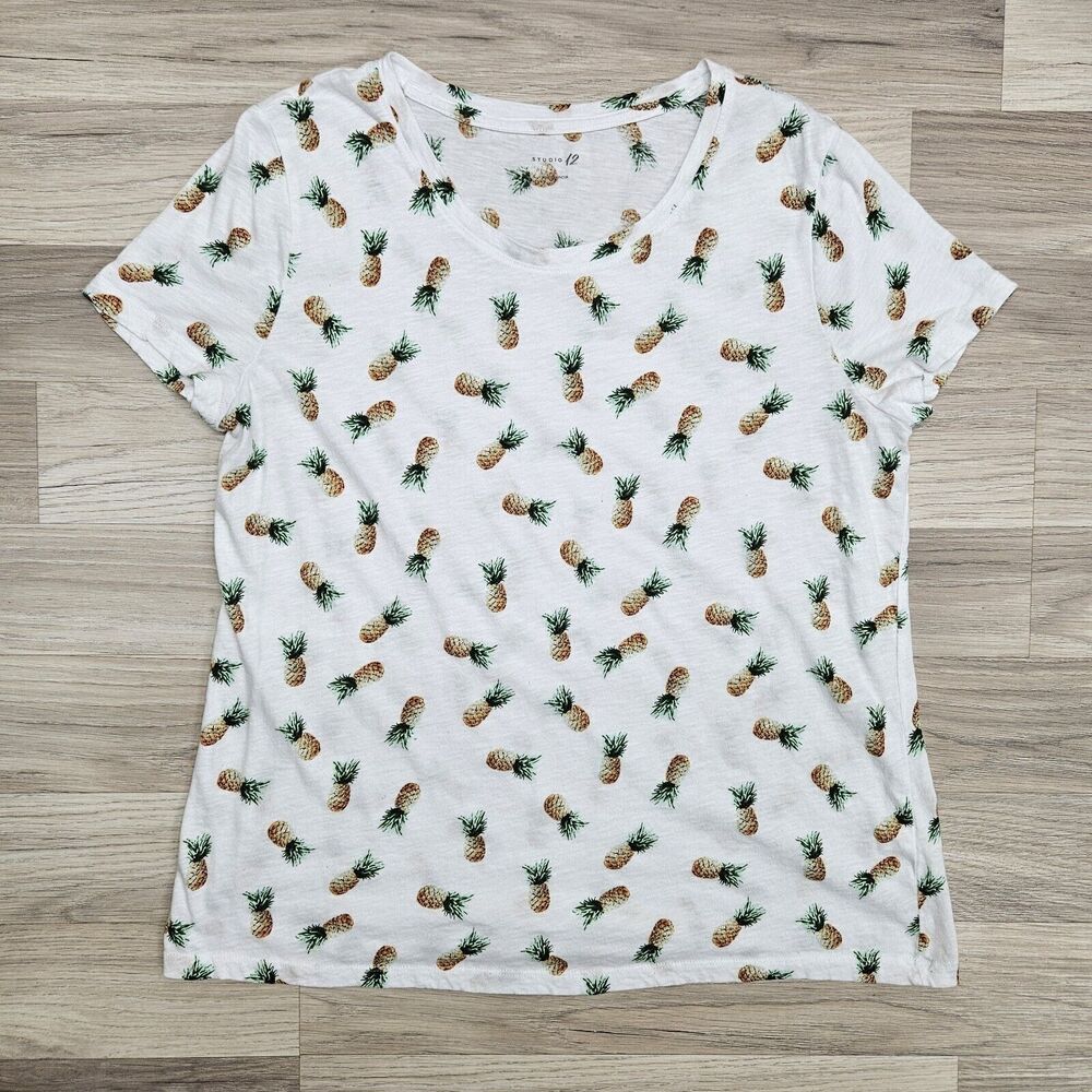 STUDIO 12 Womens White Pineapple Novelty Print Tshirt Size Large